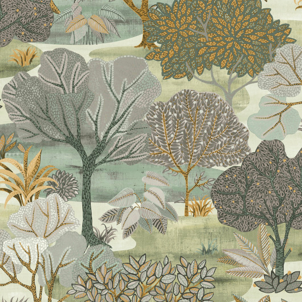 Muted green, gray, and gold botanical tree pattern; leafy forest motif, wallpaper.