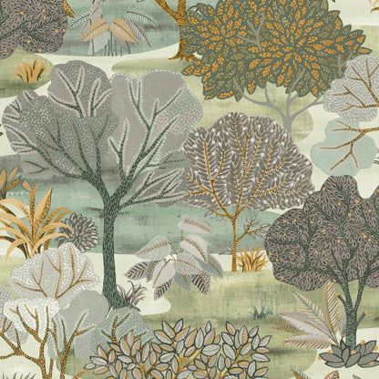 Muted green, gray, and gold botanical tree pattern; leafy forest motif, wallpaper.