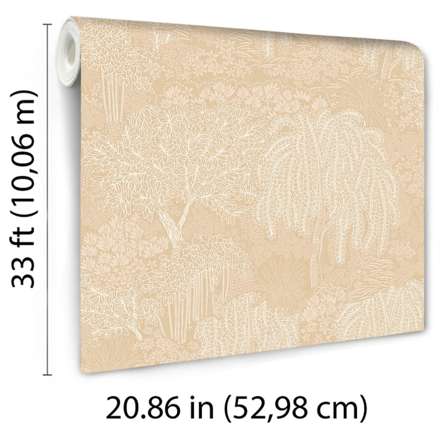 Beige wallpaper roll with white tropical botanical pattern; rolled on the left, 20.86 in wide by 33 ft long.
