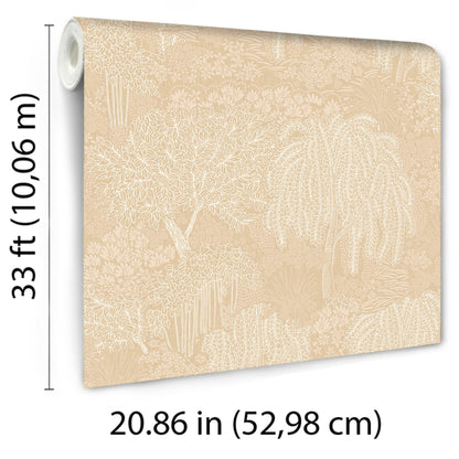 Beige wallpaper roll with white tropical botanical pattern; rolled on the left, 20.86 in wide by 33 ft long.