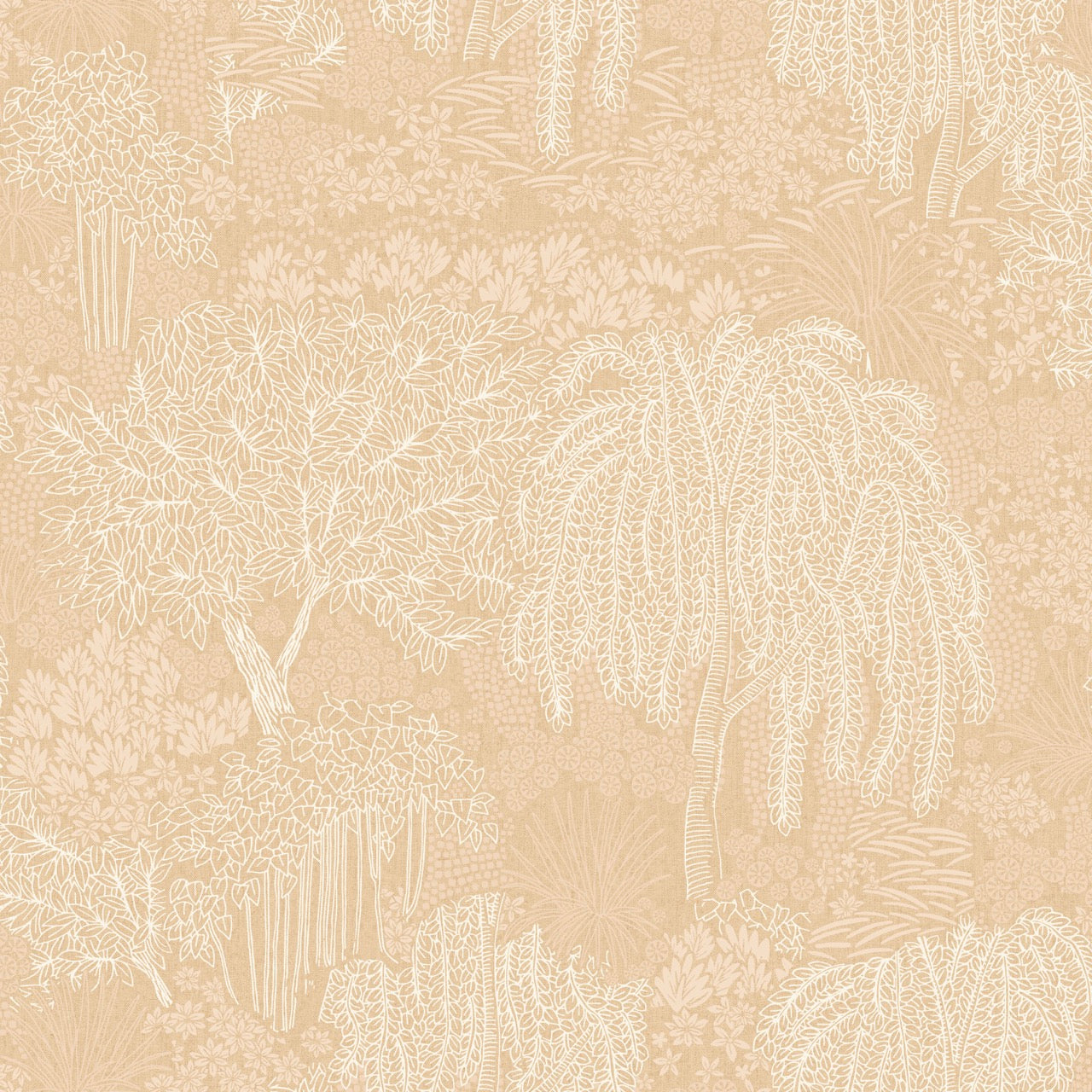 Beige wallpaper with white botanical line art of trees, palms and lush foliage in a tropical garden motif.