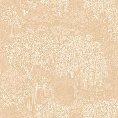 Beige wallpaper with white botanical line art of trees, palms and lush foliage in a tropical garden motif.
