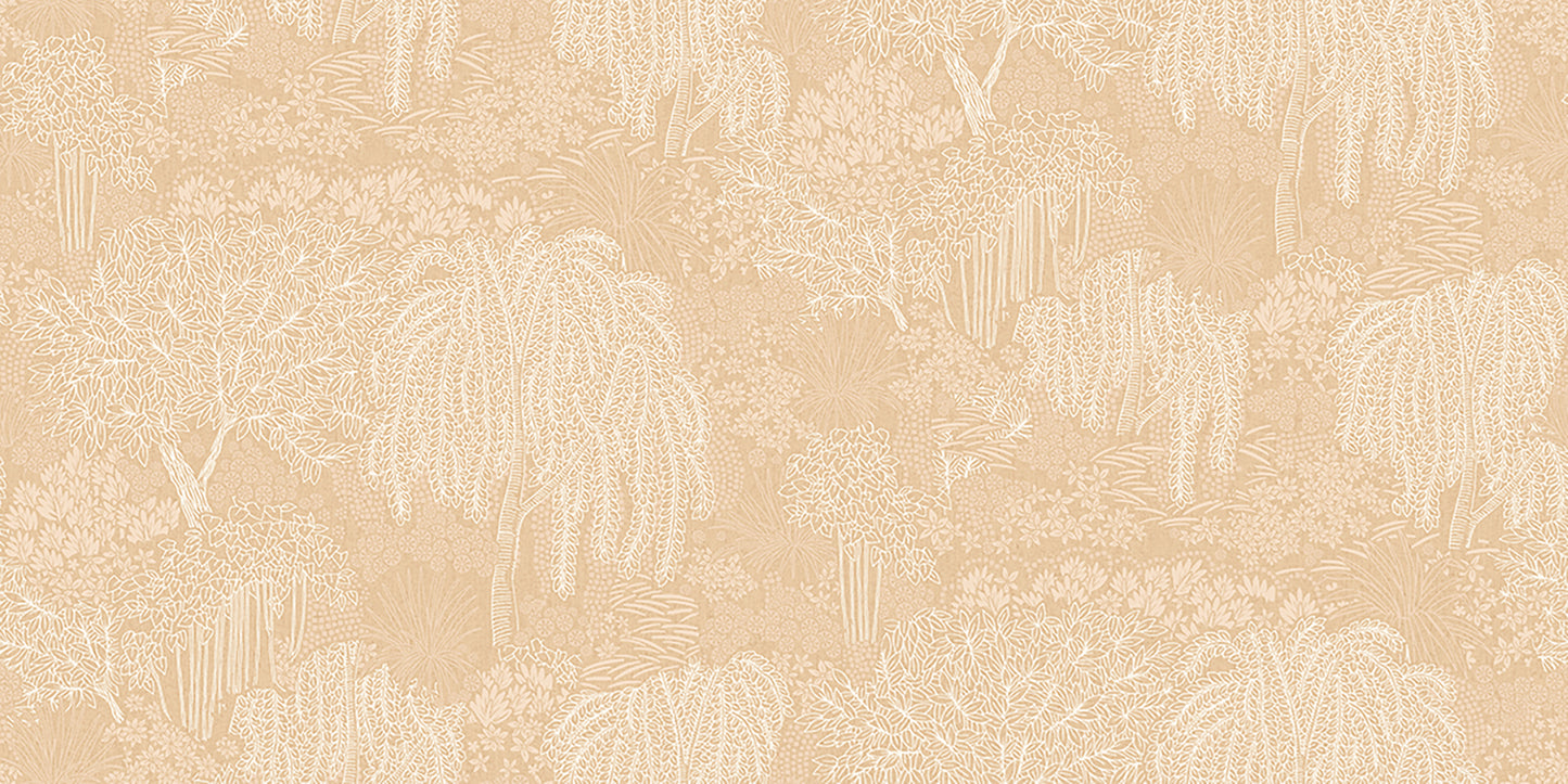 Beige wallpaper with a subtle willow tree motif in a repeating damask-style pattern.