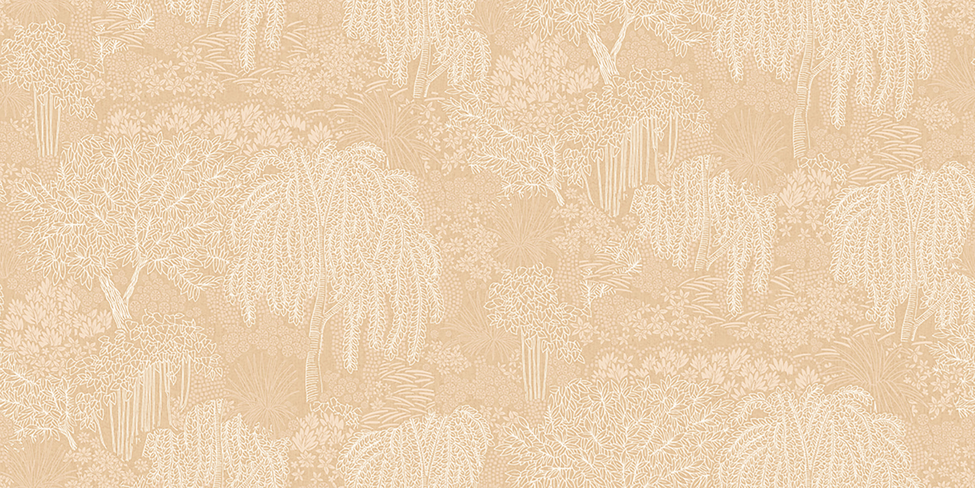 Beige wallpaper with a subtle willow tree motif in a repeating damask-style pattern.