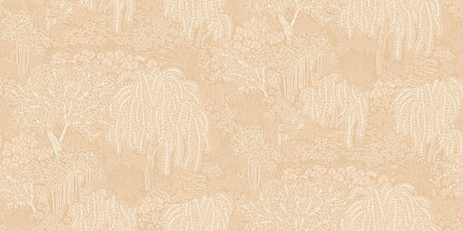 Beige wallpaper with a subtle willow tree motif in a repeating damask-style pattern.