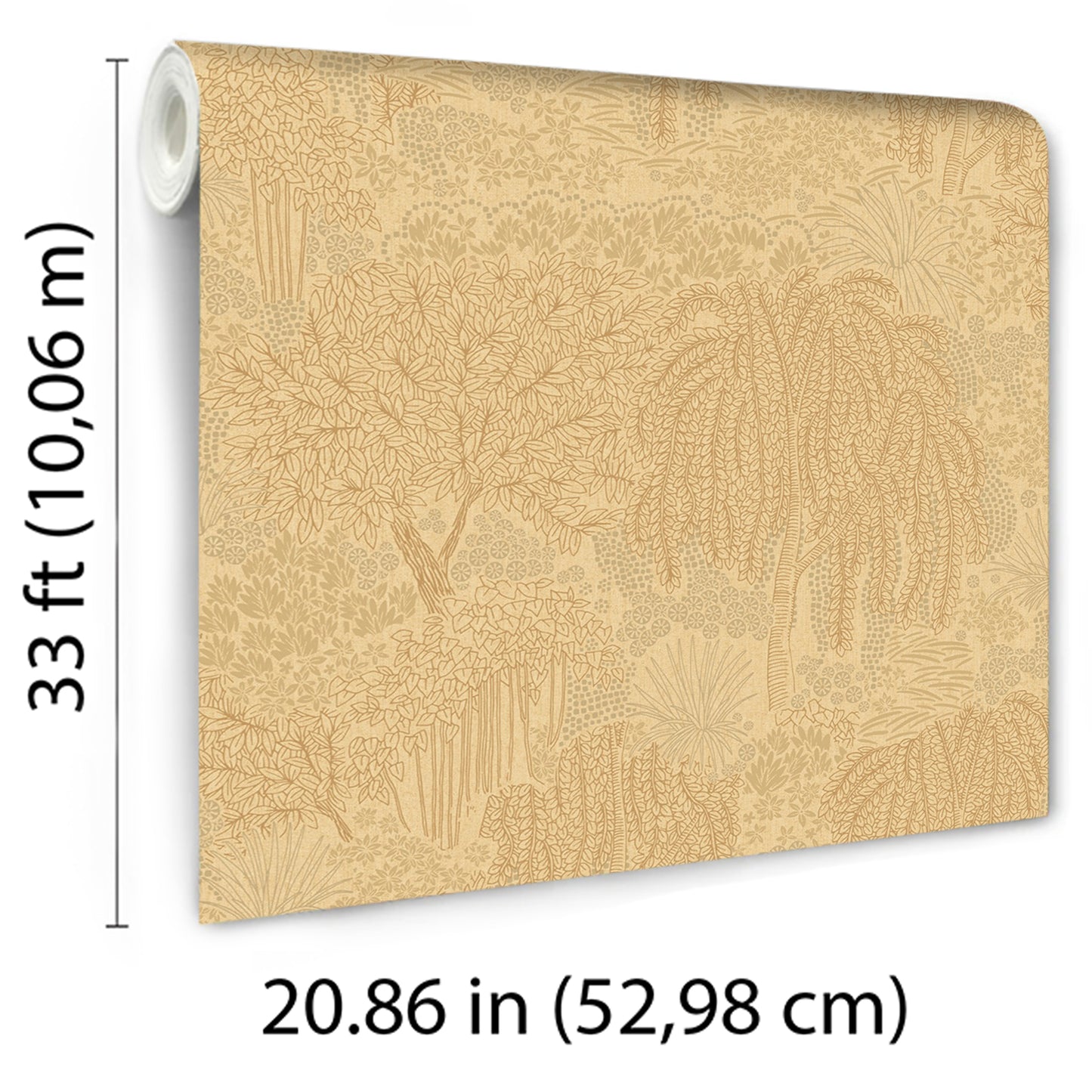 Yellow wallpaper with subtle gold botanical palm pattern; roll 33 ft long, 20.86 in wide.