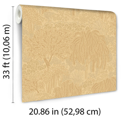 Yellow wallpaper with subtle gold botanical palm pattern; roll 33 ft long, 20.86 in wide.