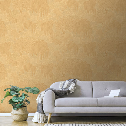 Orange palm-pattern wallpaper visible in a room with a beige mid-century sofa, grey cushions, a fringed throw, and a monstera plant in a woven basket.