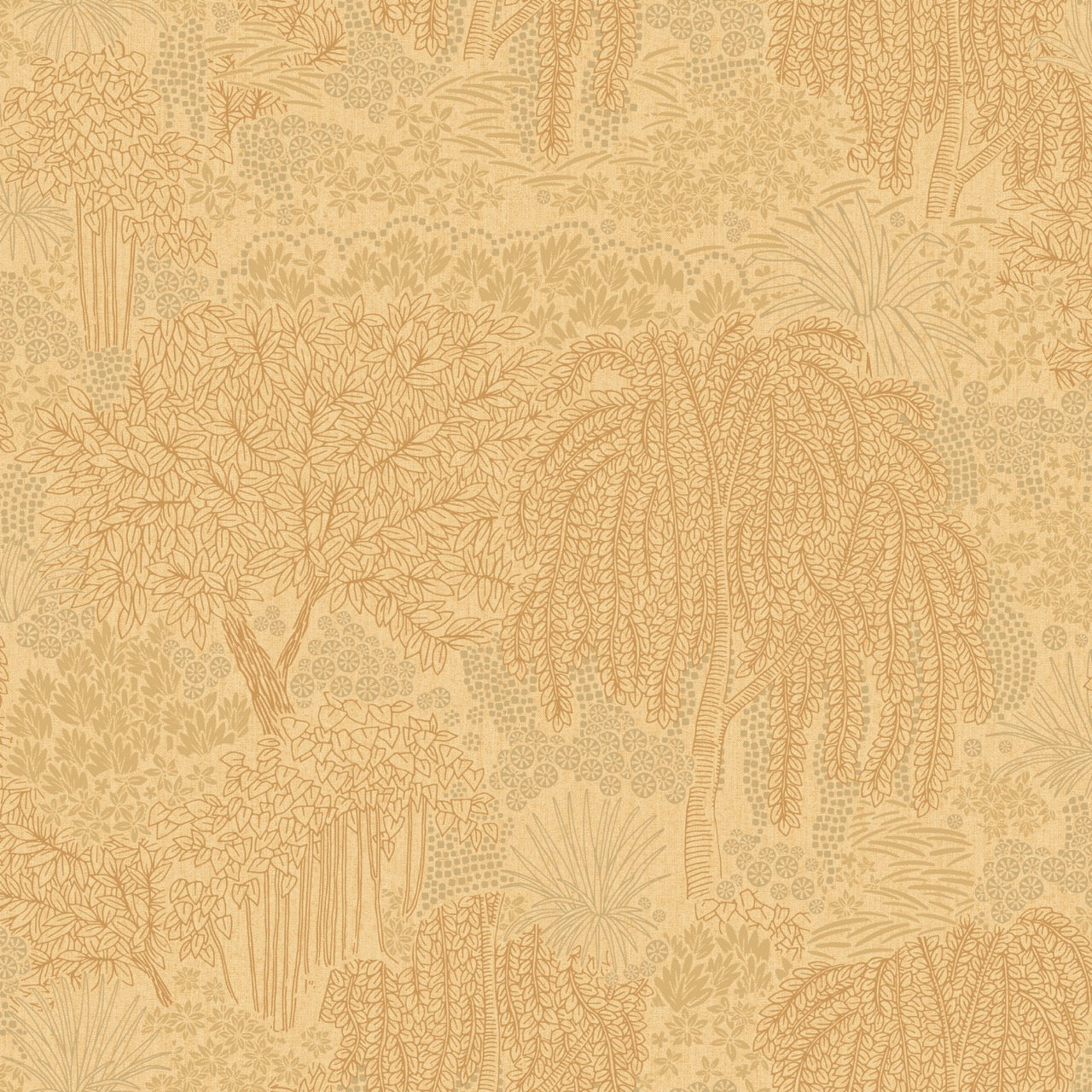 Yellow wallpaper with willow-inspired branches and leaves; nature-inspired, transitional design.