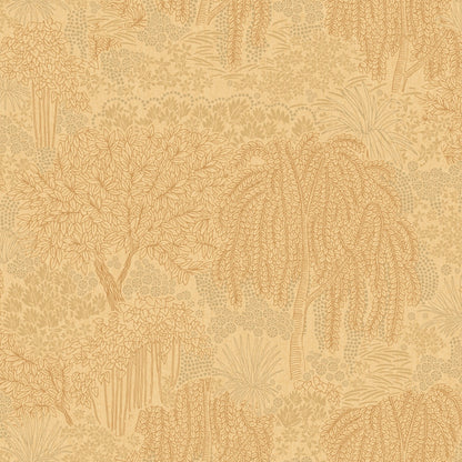 Yellow wallpaper with willow-inspired branches and leaves; nature-inspired, transitional design.