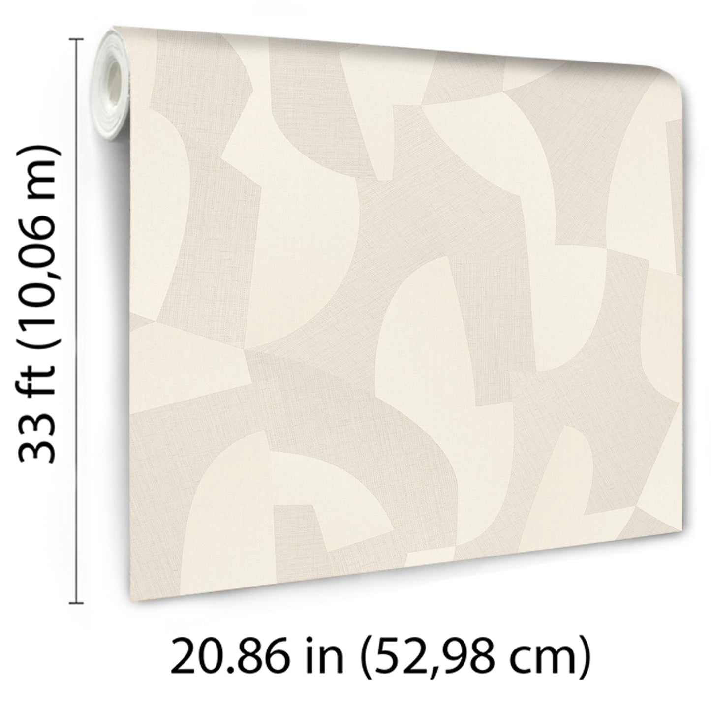 Beige abstract wallpaper roll with cream geometric shapes; neutral decor, rolled sheet, 33 ft long x 20.86 in wide.