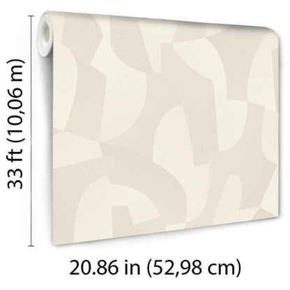 Beige abstract wallpaper roll with cream geometric shapes; neutral decor, rolled sheet, 33 ft long x 20.86 in wide.