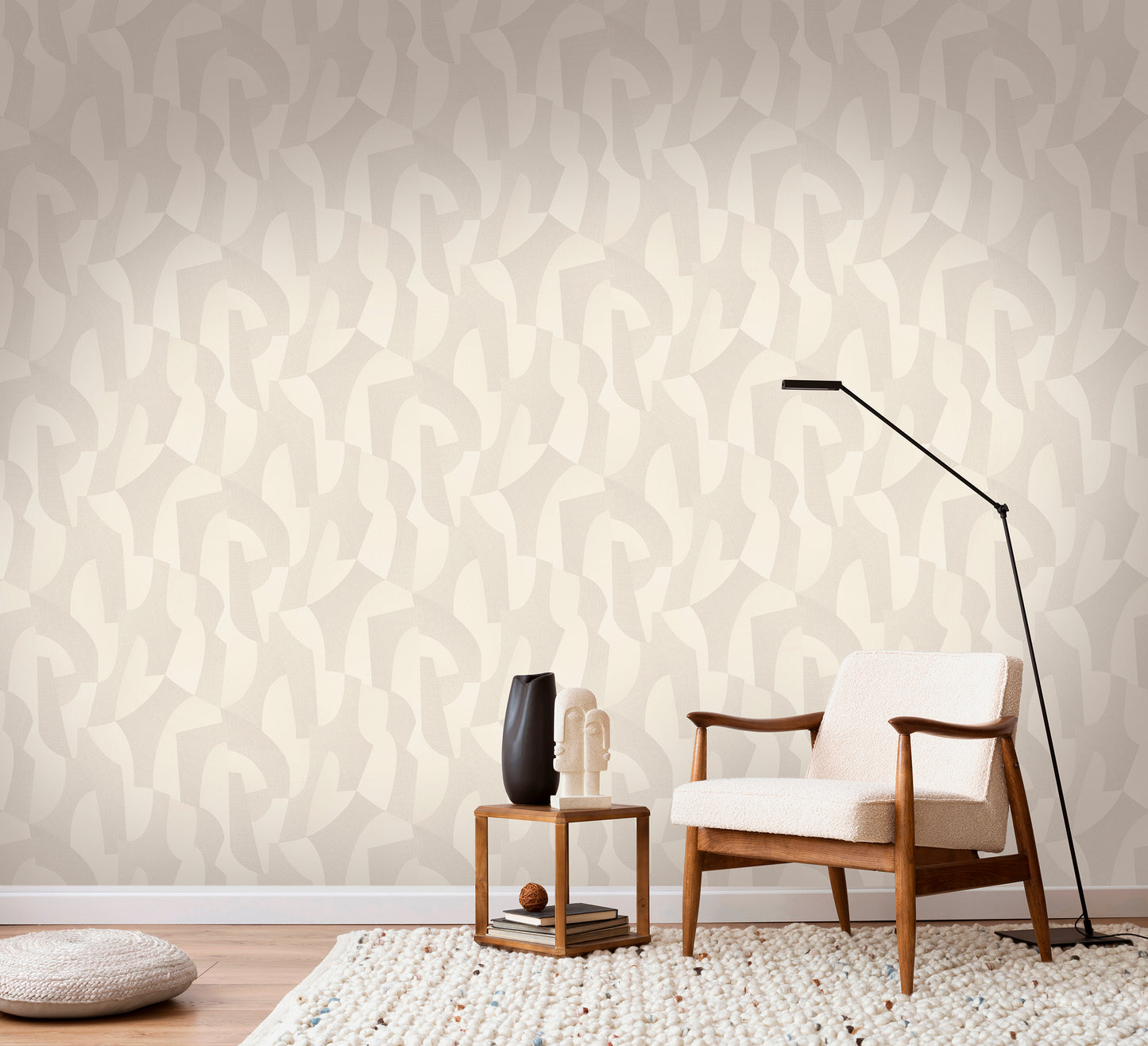 Beige wallpaper with a sculpted-motion abstract pattern in a contemporary style.