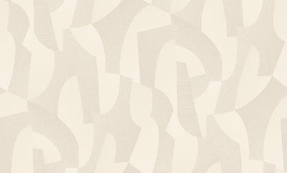 Cream and beige abstract wallpaper with overlapping curved shapes in a soft taupe palette.