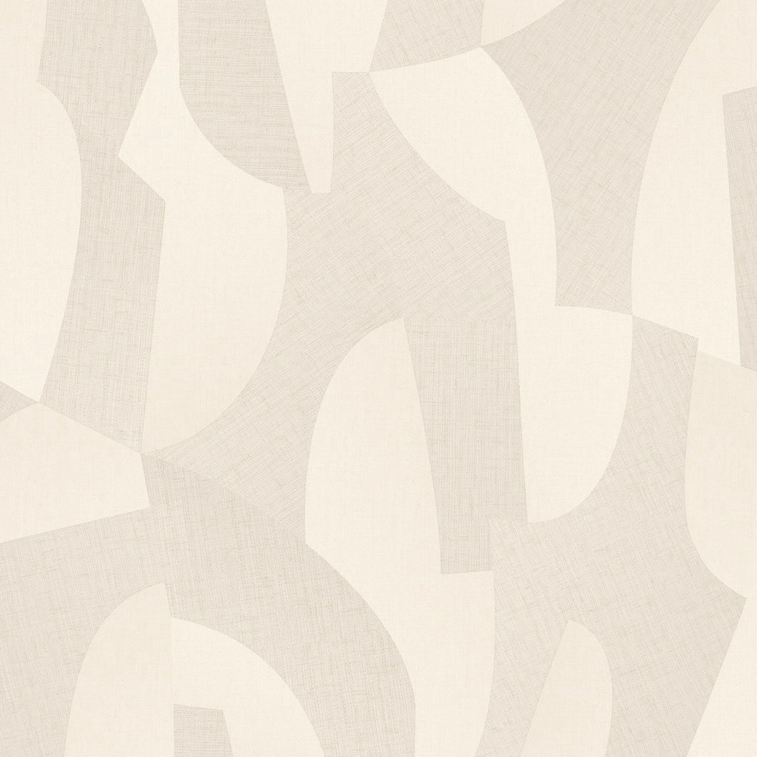 Neutral beige wallpaper with large taupe curved shapes and subtle linen texture.