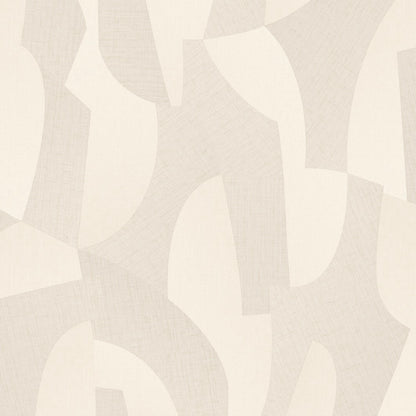 Neutral beige wallpaper with large taupe curved shapes and subtle linen texture.
