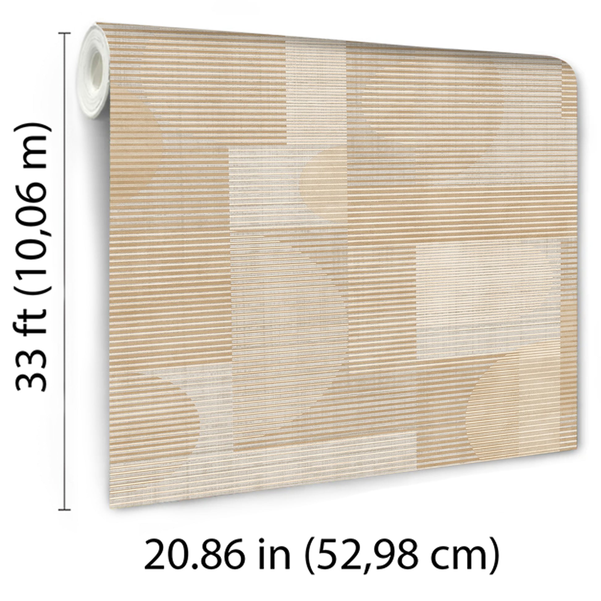 Beige geometric wallpaper roll with cream and taupe striped blocks; textured wallcovering sample for home decor