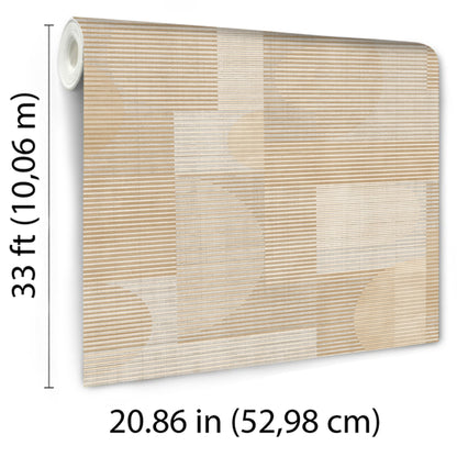 Beige geometric wallpaper roll with cream and taupe striped blocks; textured wallcovering sample for home decor