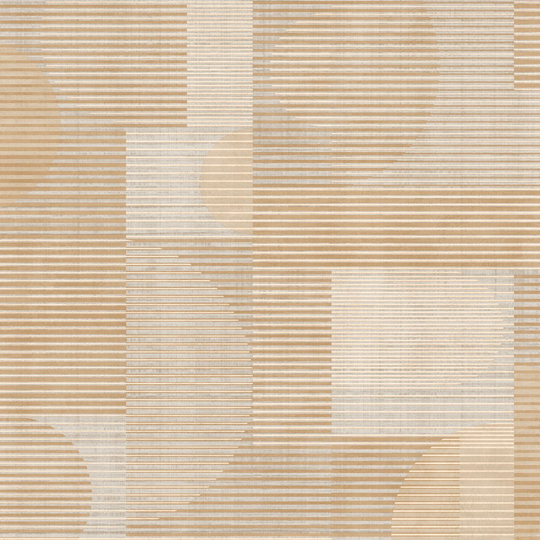 Beige-taupe abstract wallpaper with geometric blocks and circular motifs in a modern contemporary style.