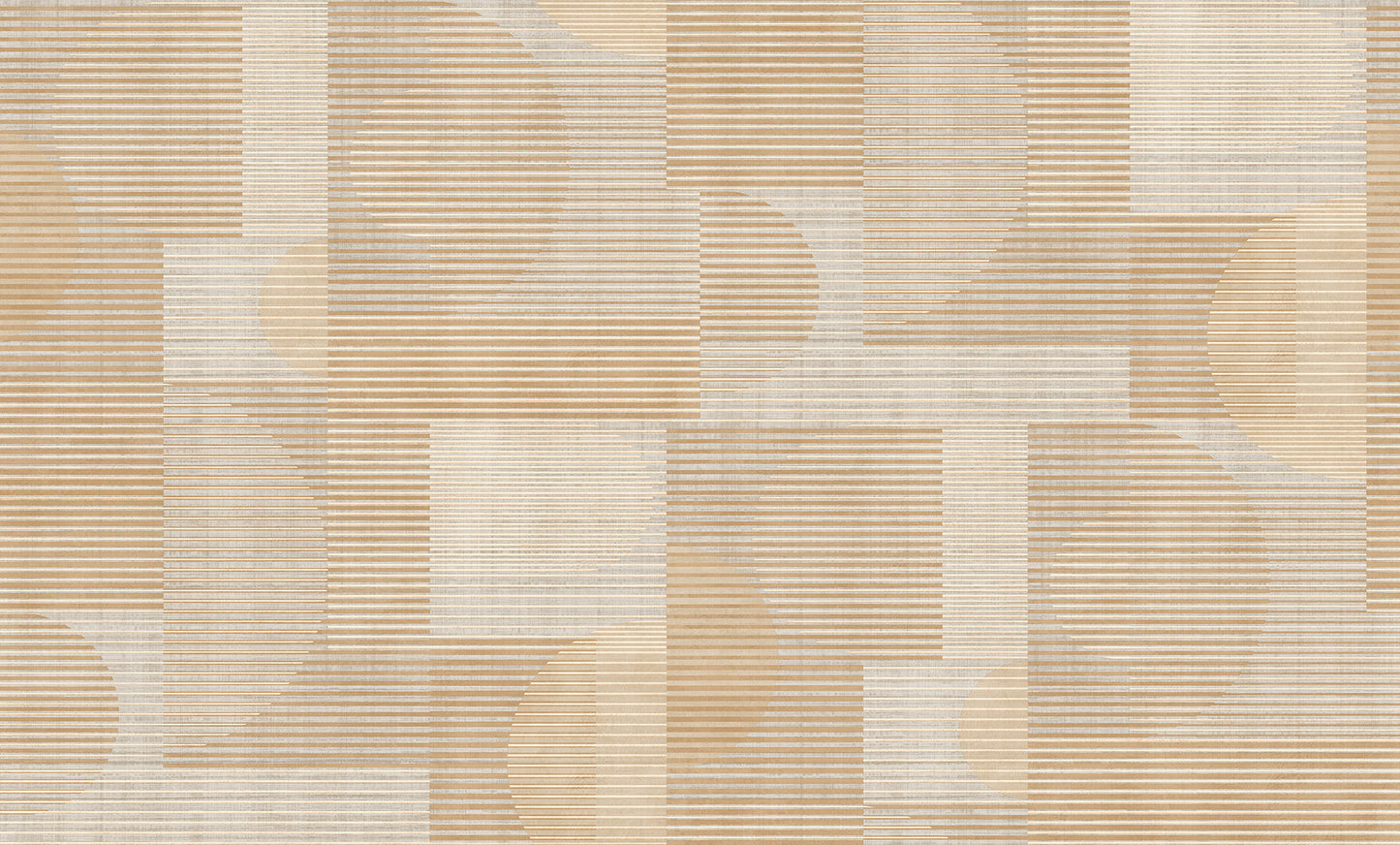 Beige and cream geometric wallpaper featuring rectangular blocks, curved circle shapes, and fine horizontal stripes.
