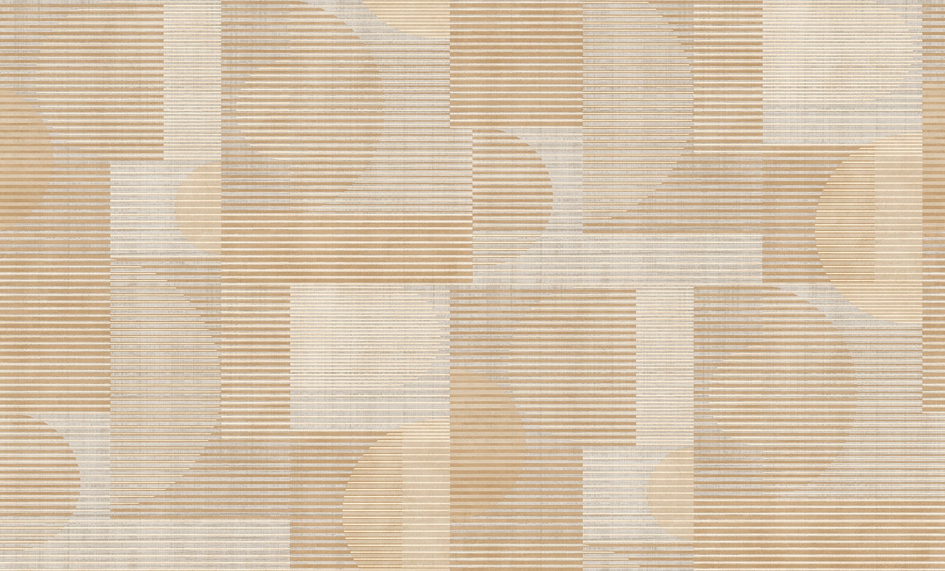 Beige and cream geometric wallpaper featuring rectangular blocks, curved circle shapes, and fine horizontal stripes.