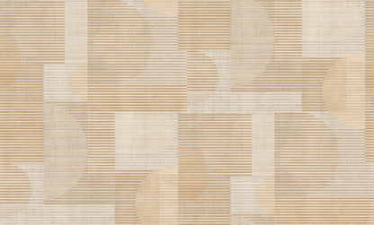 Beige and cream geometric wallpaper featuring rectangular blocks, curved circle shapes, and fine horizontal stripes.