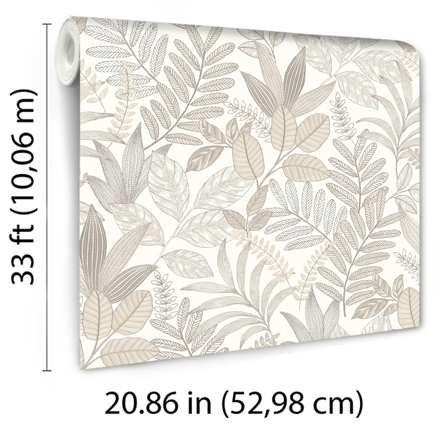 Rolled botanical wallpaper with neutral beige leaf pattern on white, 33 ft long and 20.86 in wide.