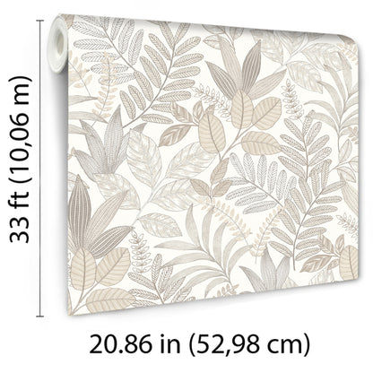 Rolled botanical wallpaper with neutral beige leaf pattern on white, 33 ft long and 20.86 in wide.