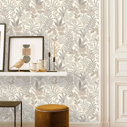 White wallpaper with leafy foliage pattern.