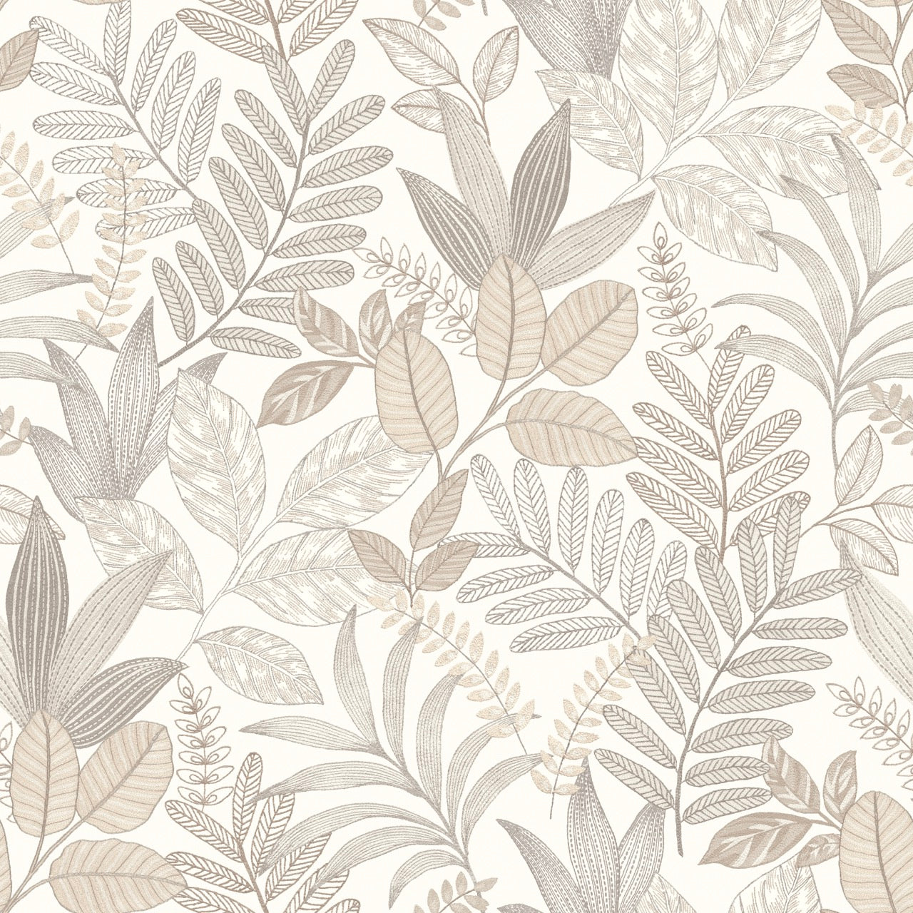 Beige and taupe botanical leaf wallpaper with ferns and broad leaves, nature-inspired decorative wall covering.