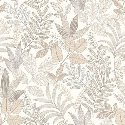 Beige and taupe botanical leaf wallpaper with ferns and broad leaves, nature-inspired decorative wall covering.