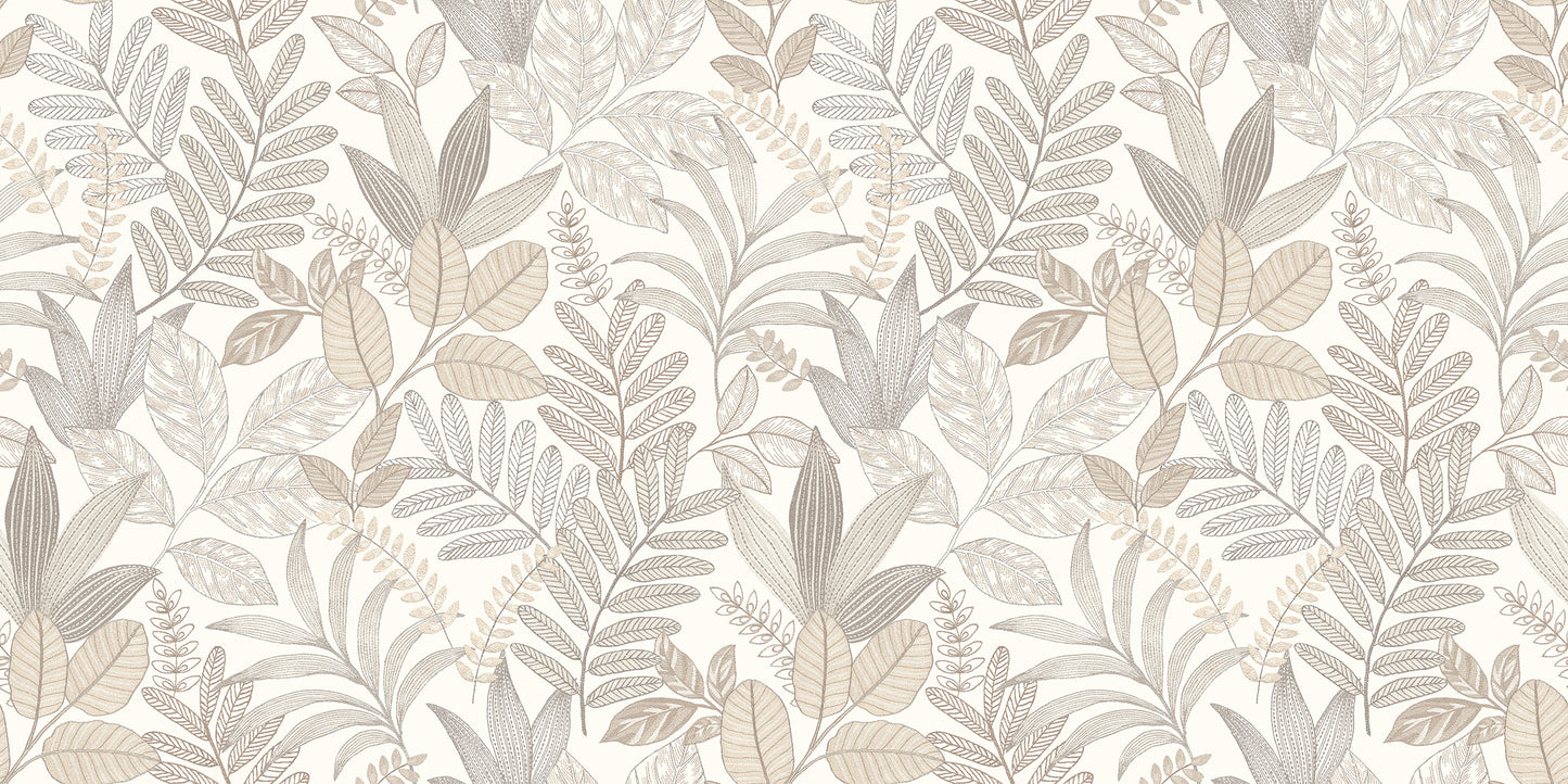 White wallpaper featuring a neutral foliage fern pattern with soft beige, taupe and gray tones.