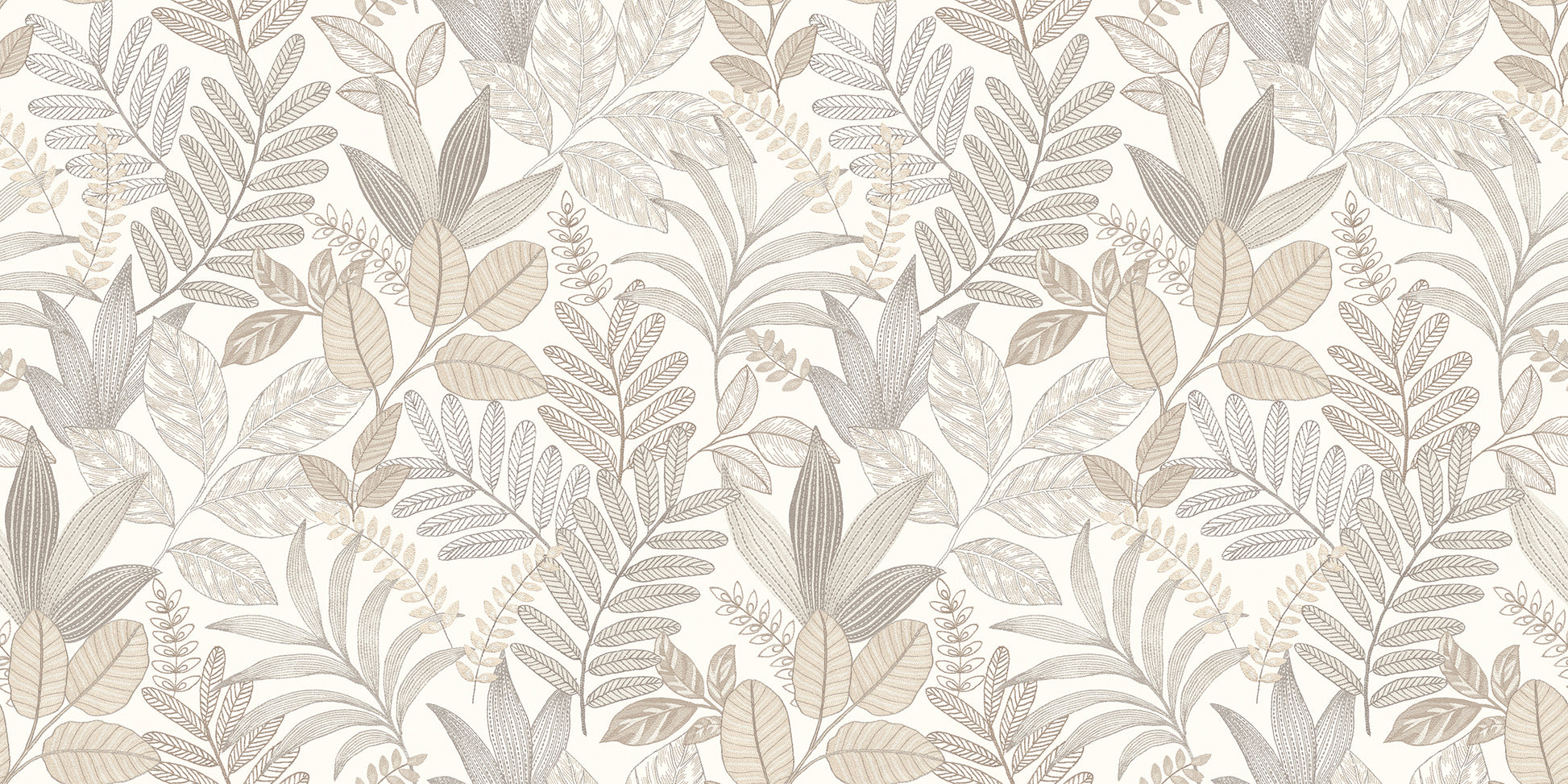 White wallpaper featuring a neutral foliage fern pattern with soft beige, taupe and gray tones.