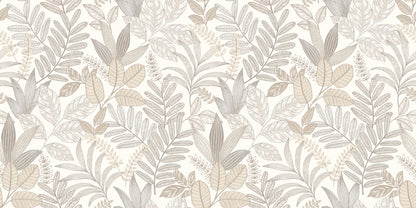 White wallpaper featuring a neutral foliage fern pattern with soft beige, taupe and gray tones.