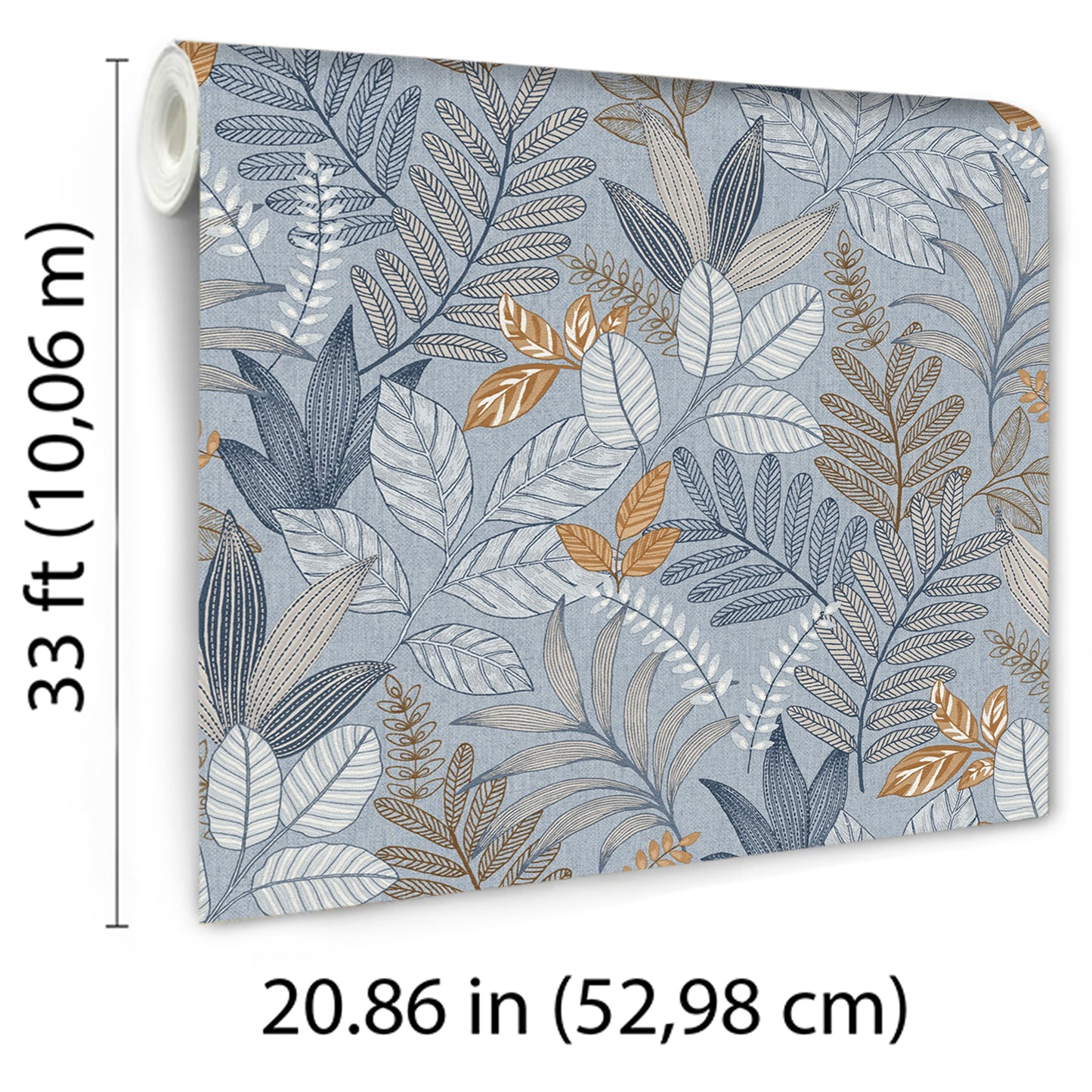 Wallpaper featuring blue-gray, taupe and gold botanical leaves in a modern pattern.