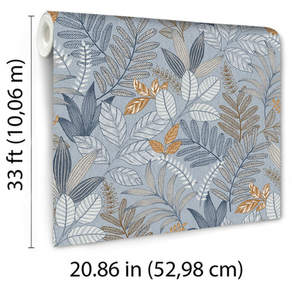 Wallpaper featuring blue-gray, taupe and gold botanical leaves in a modern pattern.