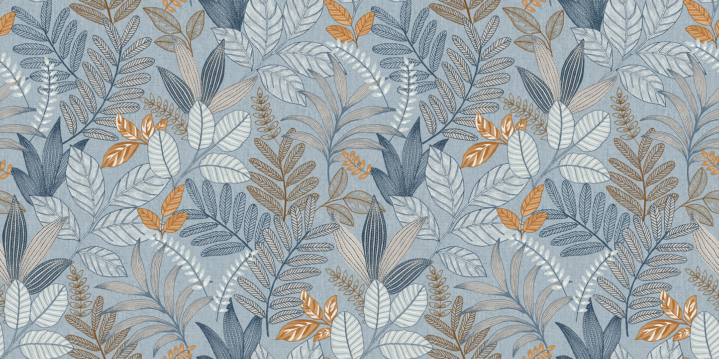Blue-gray and tan botanical leaf wallpaper pattern with orange accents.