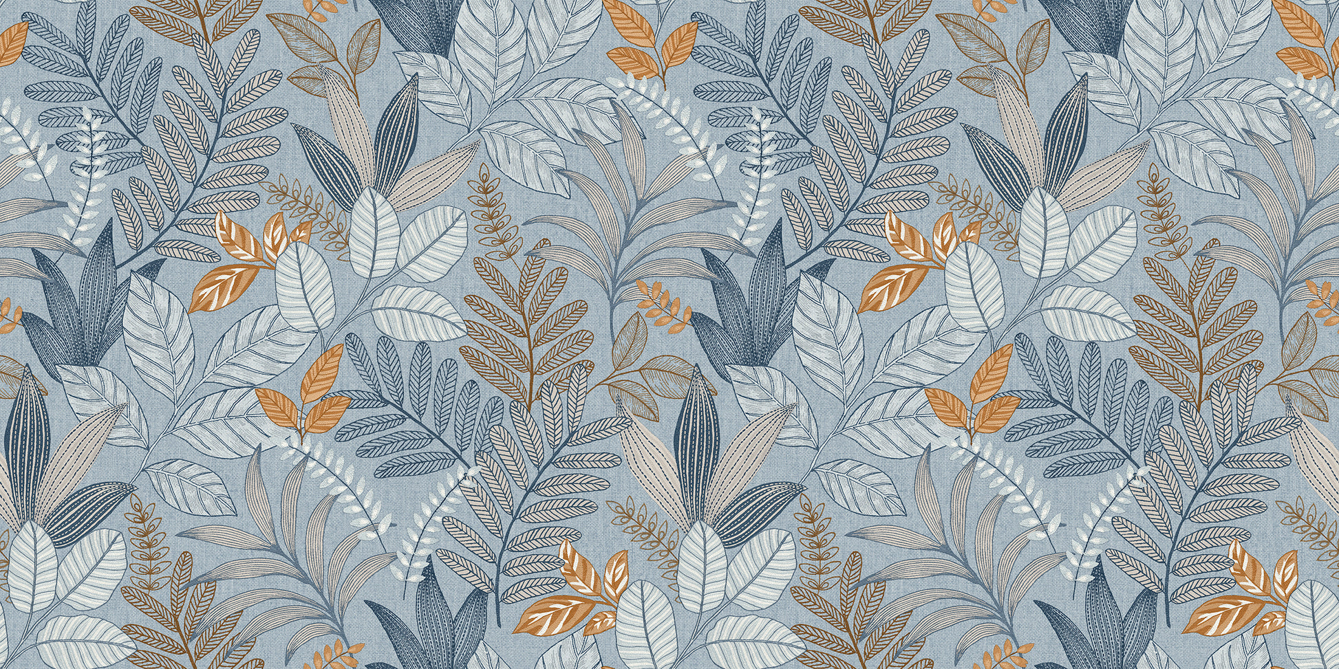 Blue-gray and tan botanical leaf wallpaper pattern with orange accents.
