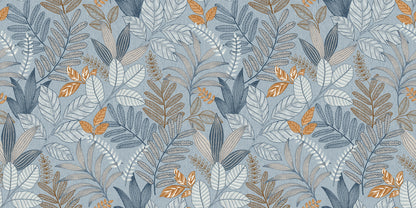 Blue-gray and tan botanical leaf wallpaper pattern with orange accents.