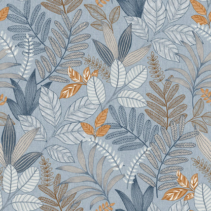 Blue-gray linen-textured wallpaper with navy and bronze botanical leaves in a repeating pattern.