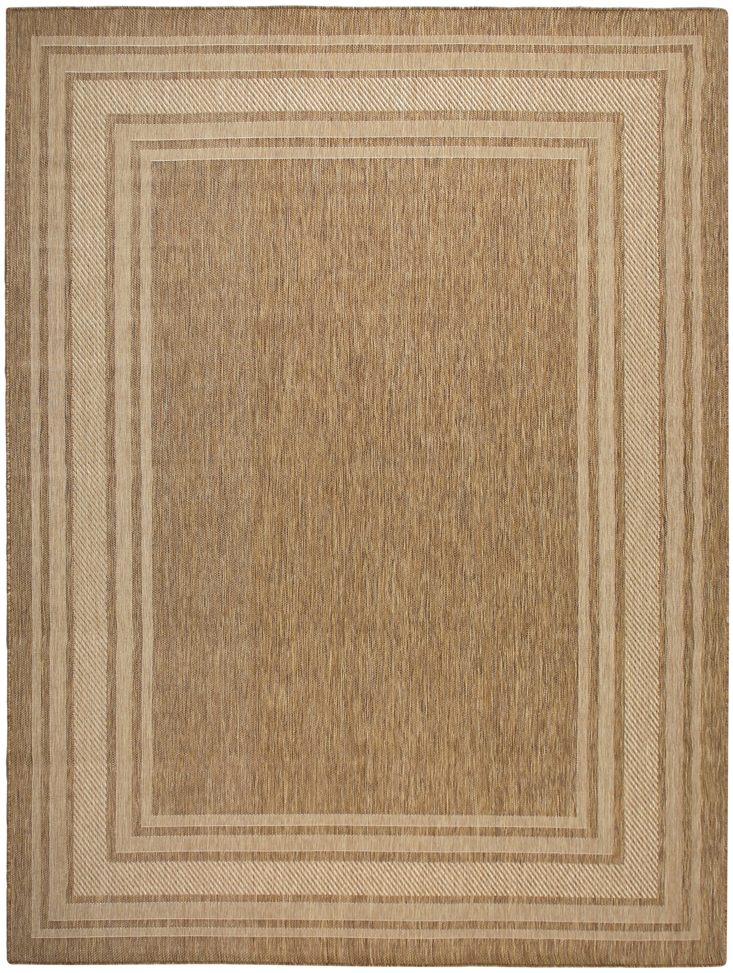 Beige-tan rectangular area rug with concentric border bands in lighter beige and a textured central field