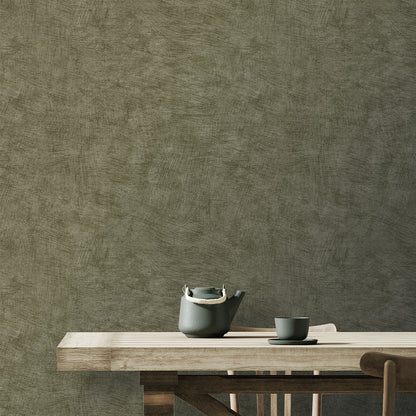 Veer Decor Pampas Plain Brushed Texture Burnt Olive Wallpaper Abstract Modern, Contemporary, Traditional Green  Wallpaper - 8250-AA11
