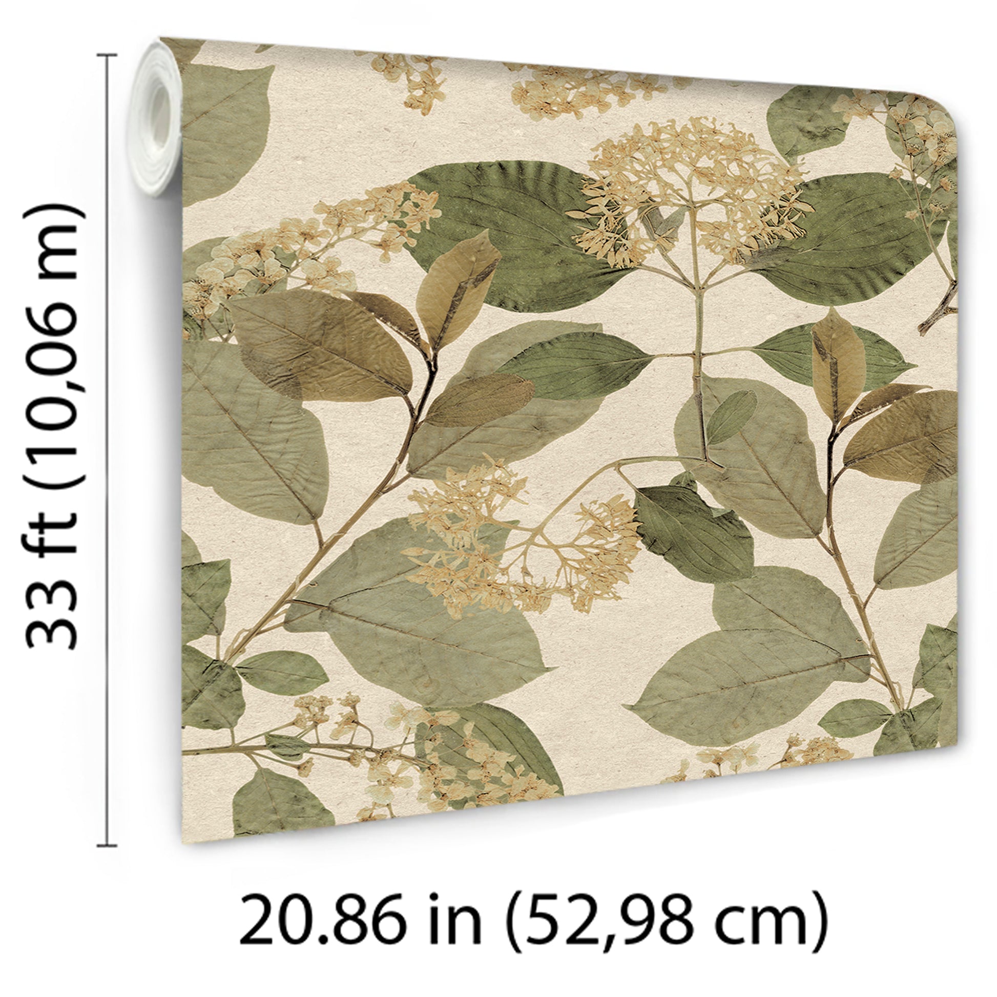 Wallpaper with a botanical print of green leaves and cream hydrangea clusters on a beige background.