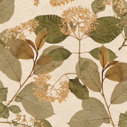 Vintage botanical pattern with green and brown leaves and peach dried flowers on cream backdrop.