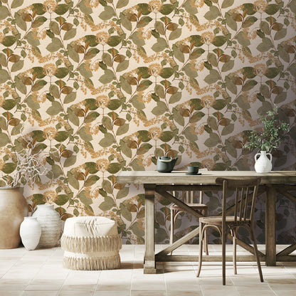 Rustic dining area featuring apricot orange floral wallpaper, wooden trestle table, ceramic vases & a woven pouf.
