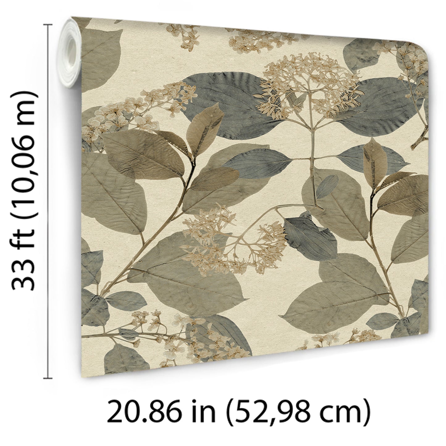 Rolled botanical wallpaper sample with beige cream background and gray-brown leaves; 33 ft x 20.86 in.