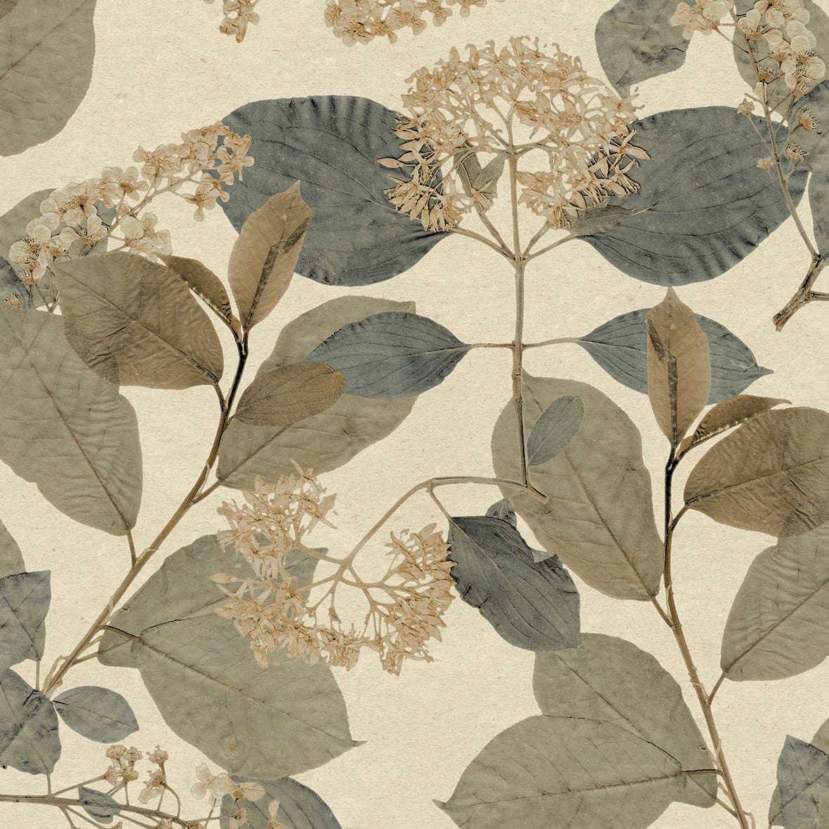 Muted botanical print with blue-gray and taupe leaves and cream flower clusters on beige background; wallpaper pattern.
