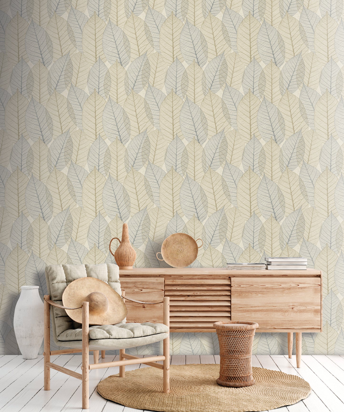 Veer Decor Leaf Lace Blue Beige Wallpaper Nature Transitional, Traditional Blue  Wallpaper - 8250-AE2
