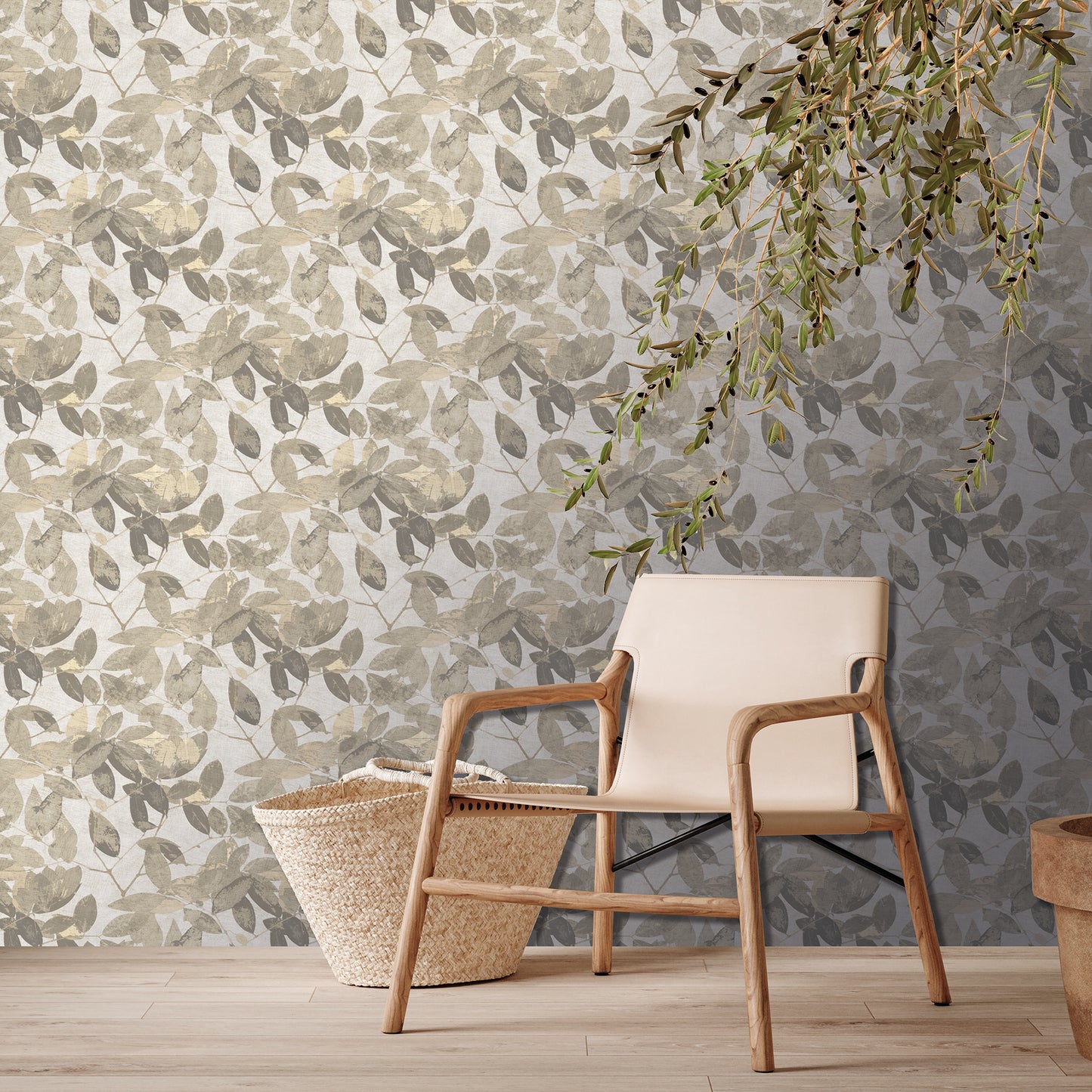 Beech Leaves Wallpaper by Veer Decor in warm taupe—a textured non‑woven designer wallcovering featuring layered foliage pattern, perfect for modern interiors and accent walls.