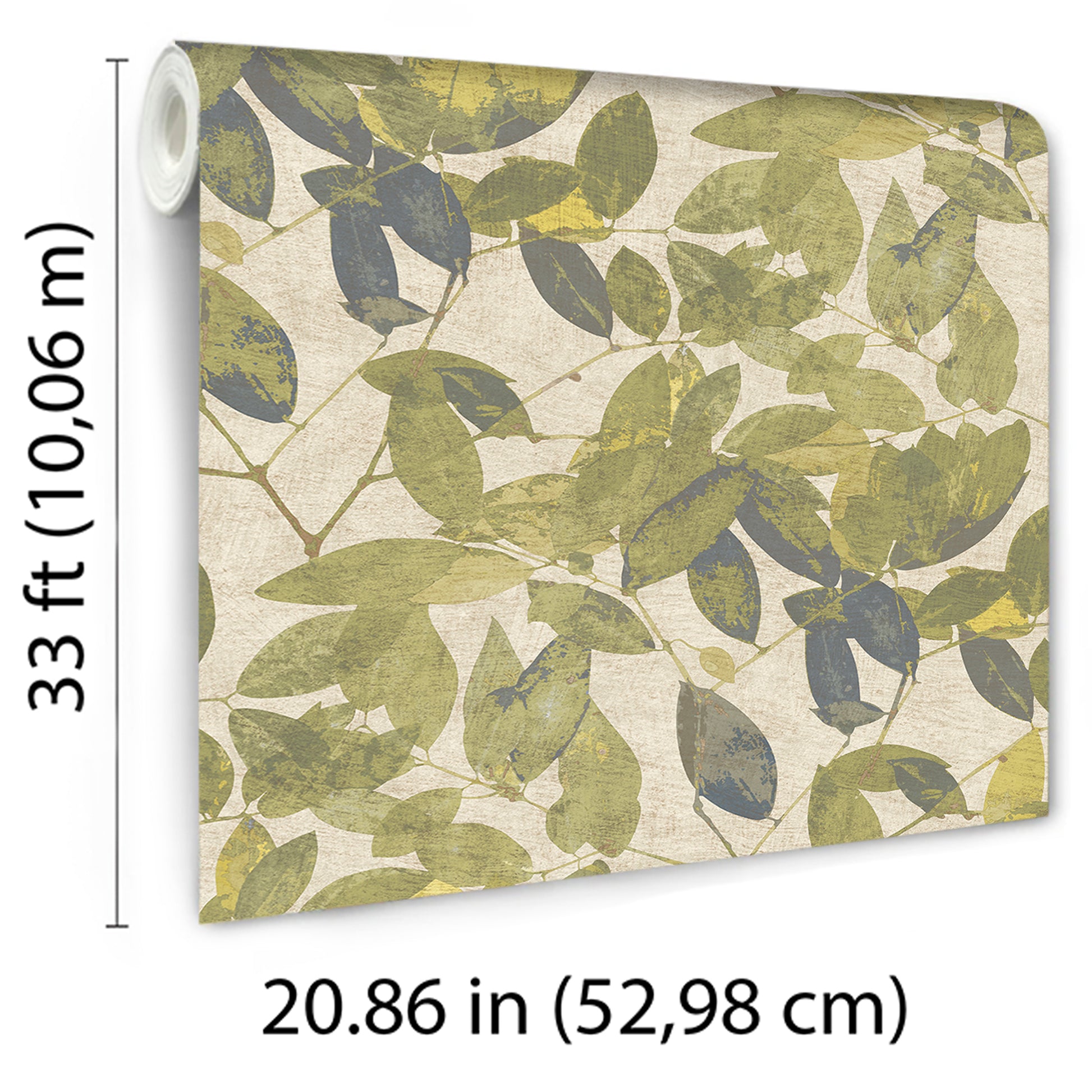 Wallpaper featuring beech leaves in golden green on a beige background; botanical leaf print.